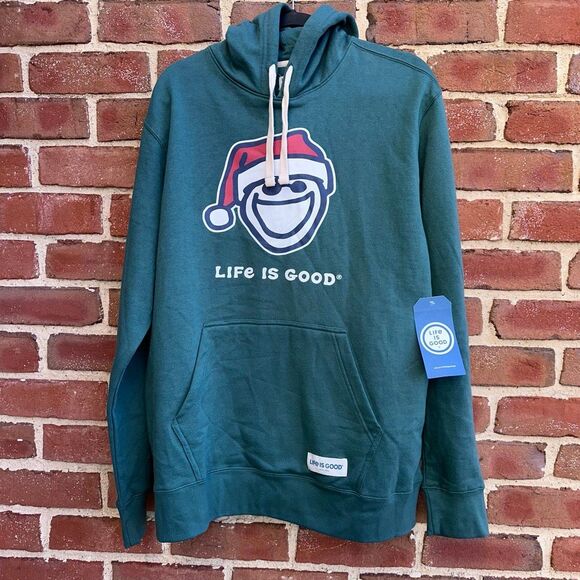 Life is Good Men's sweatshirt Green Santa christmas Fleece Hoodie large NEW - Picture 1 of 8